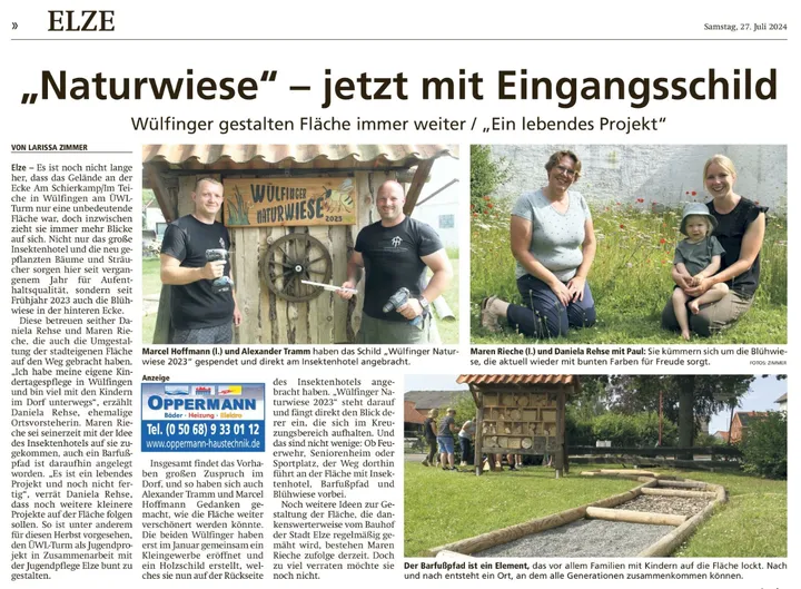 Zeitungsausschnitt über das neue Eingangsschild der Wülfinger Naturwiese